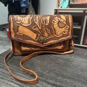 Vintage Handtooled Leather Floral Motif Shoulder Bag